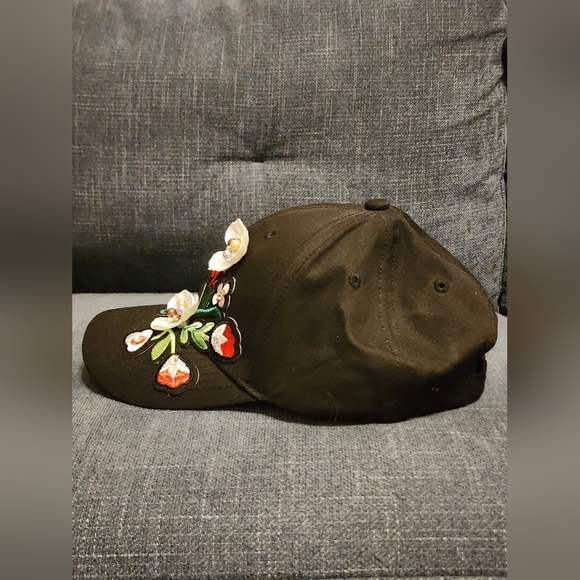 Floral Embroidered Black Cap "In This Moment" Upcycled Handmade Hat - Picture 4 of 7